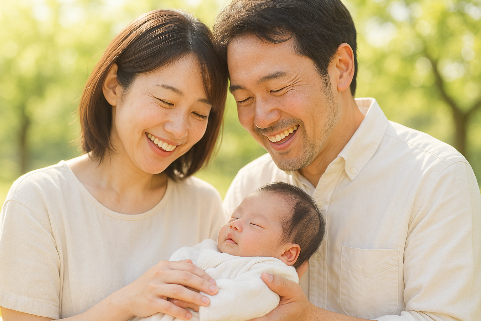笑顔で赤ちゃんを抱く夫婦